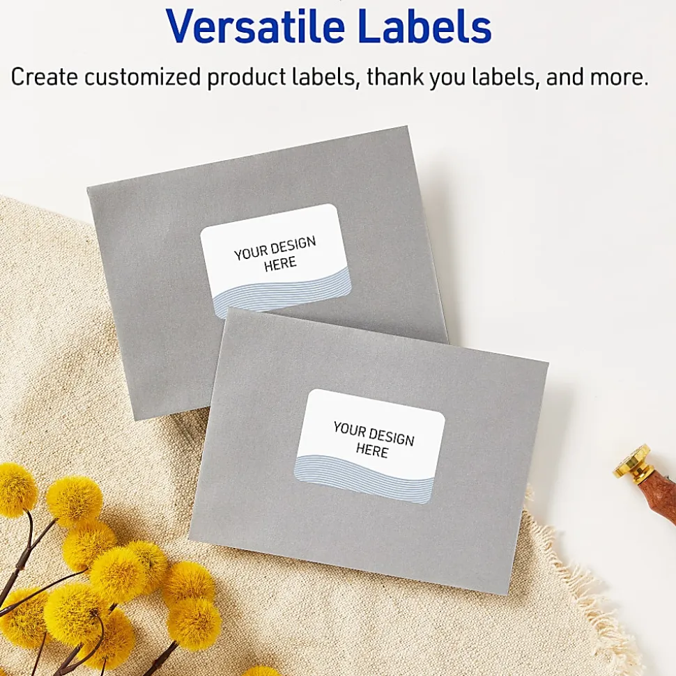 Avery® Printable Labels With Sure Feed® Technology, S00-ETZ, Rectangle, 2" x 3", Matte White With Preprinted Blue Waves Design, Pack Of 80