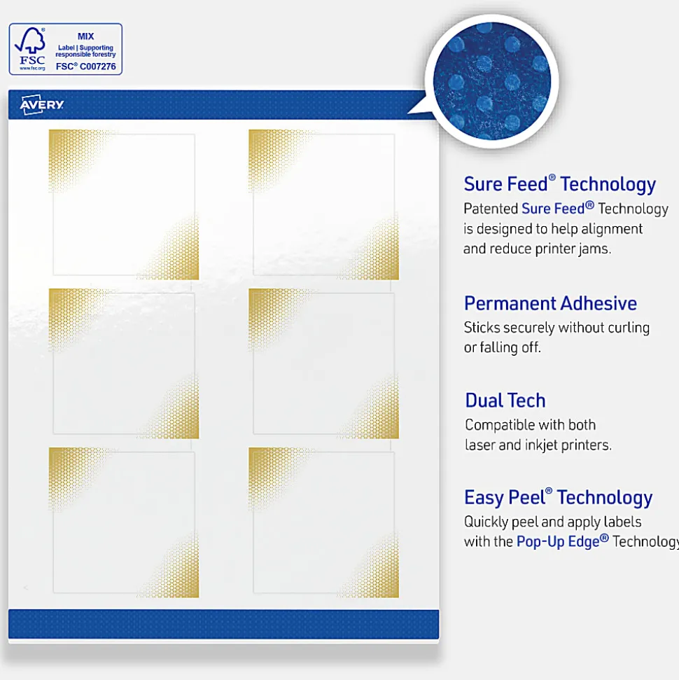 Avery® Printable Labels With Sure Feed® Technology, S00-ETE, Square, 2" x 2", Matte White With Preprinted Black/Gold Vein Border, Pack Of 120
