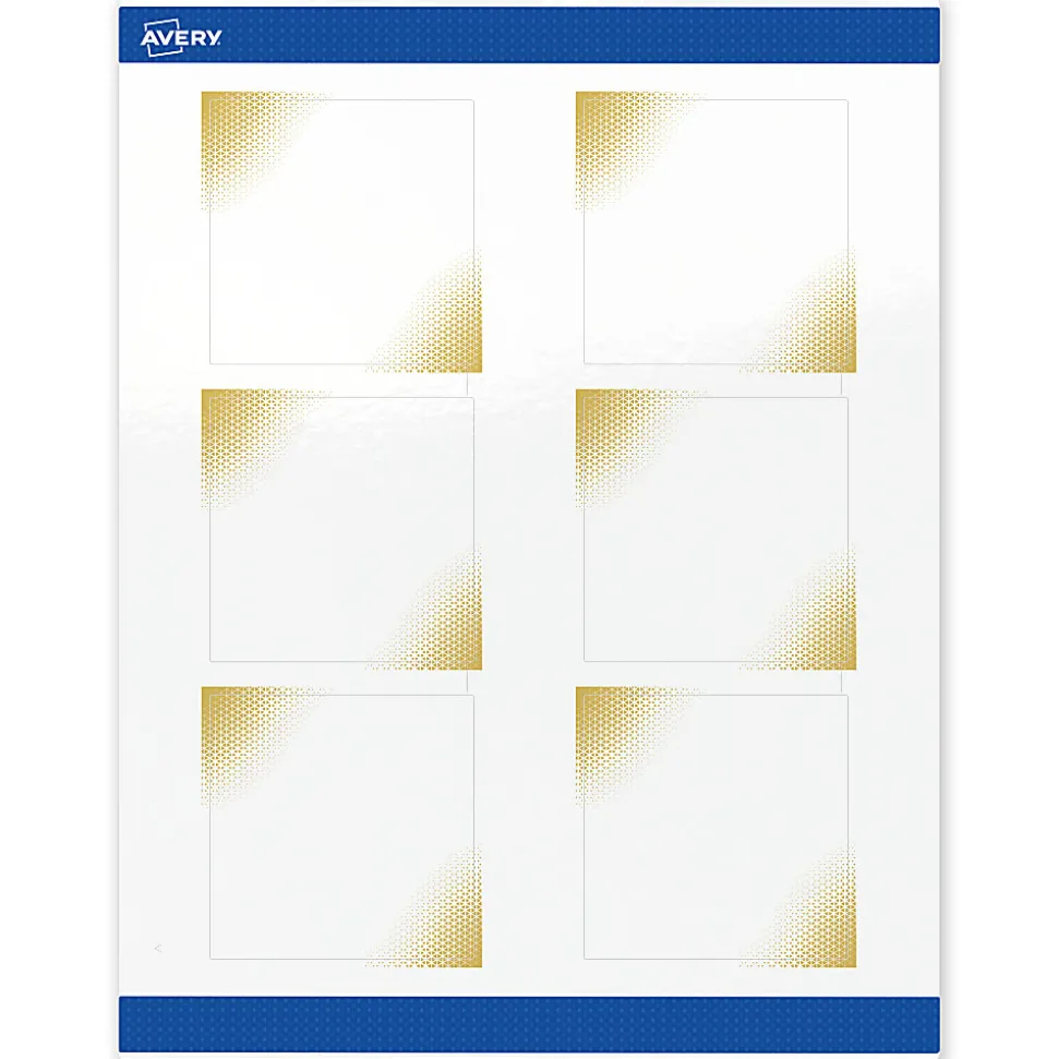 Avery® Printable Labels With Sure Feed® Technology, S00-ETE, Square, 2" x 2", Matte White With Preprinted Black/Gold Vein Border, Pack Of 120