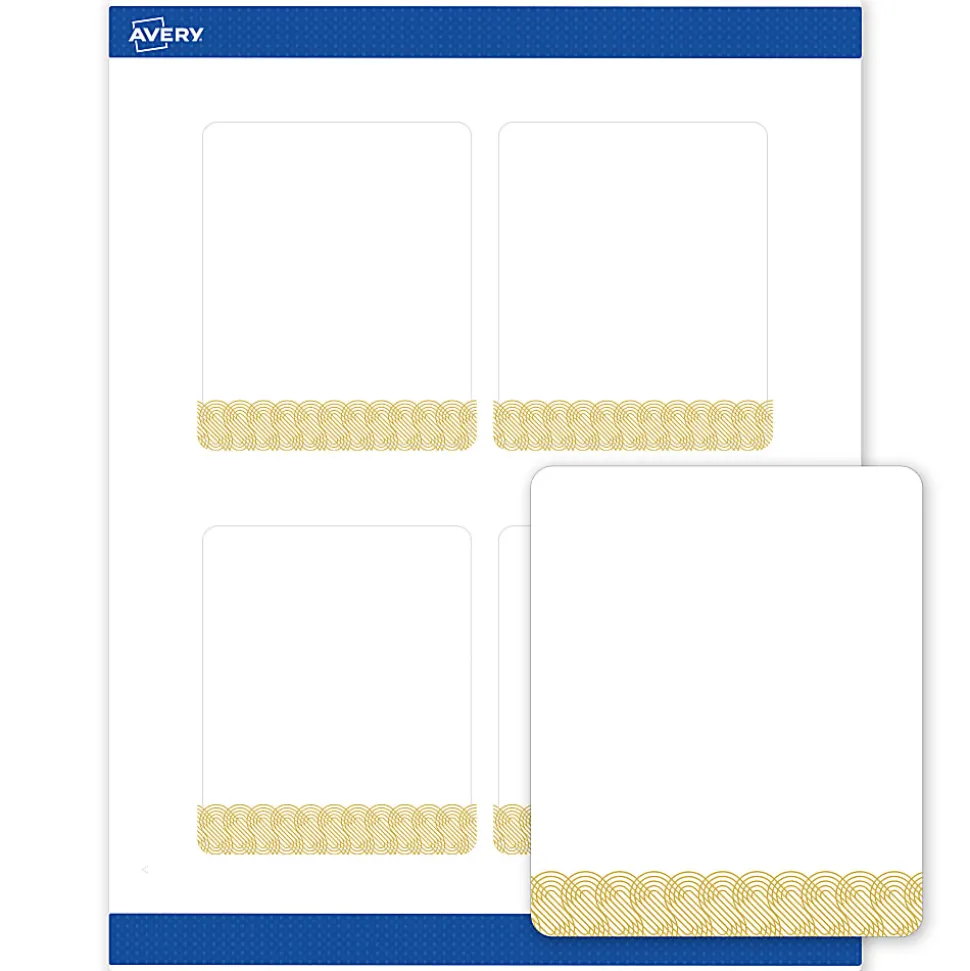 Avery® Printable Labels With Sure Feed® Technology, S00-EVT, Square, 2" x 2", Matte White With Preprinted Gold Leaf Pattern, Pack Of 120