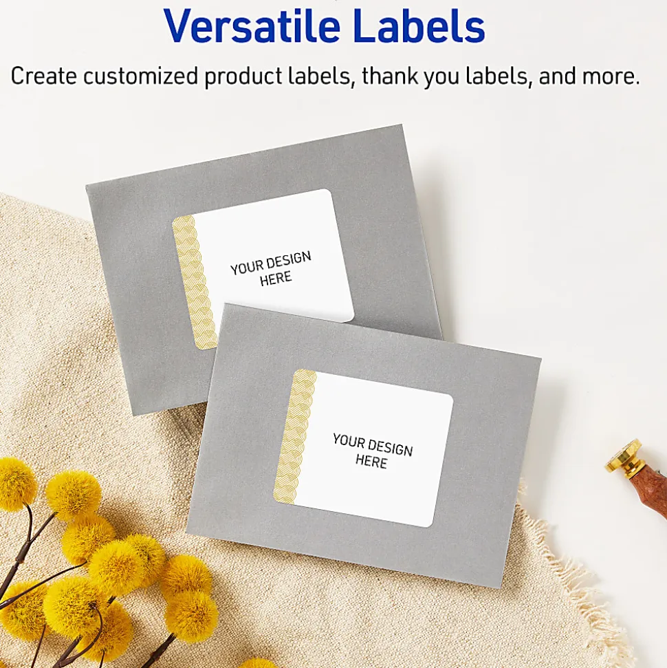 Avery® Printable Labels With Sure Feed® Technology, S00-EVT, Square, 2" x 2", Matte White With Preprinted Gold Leaf Pattern, Pack Of 120