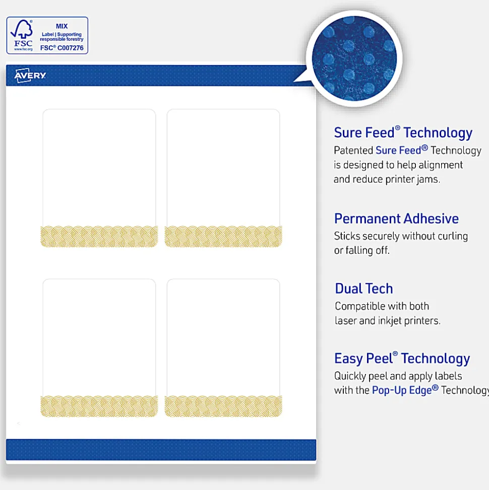 Avery® Printable Labels With Sure Feed® Technology, S00-EVT, Square, 2" x 2", Matte White With Preprinted Gold Leaf Pattern, Pack Of 120