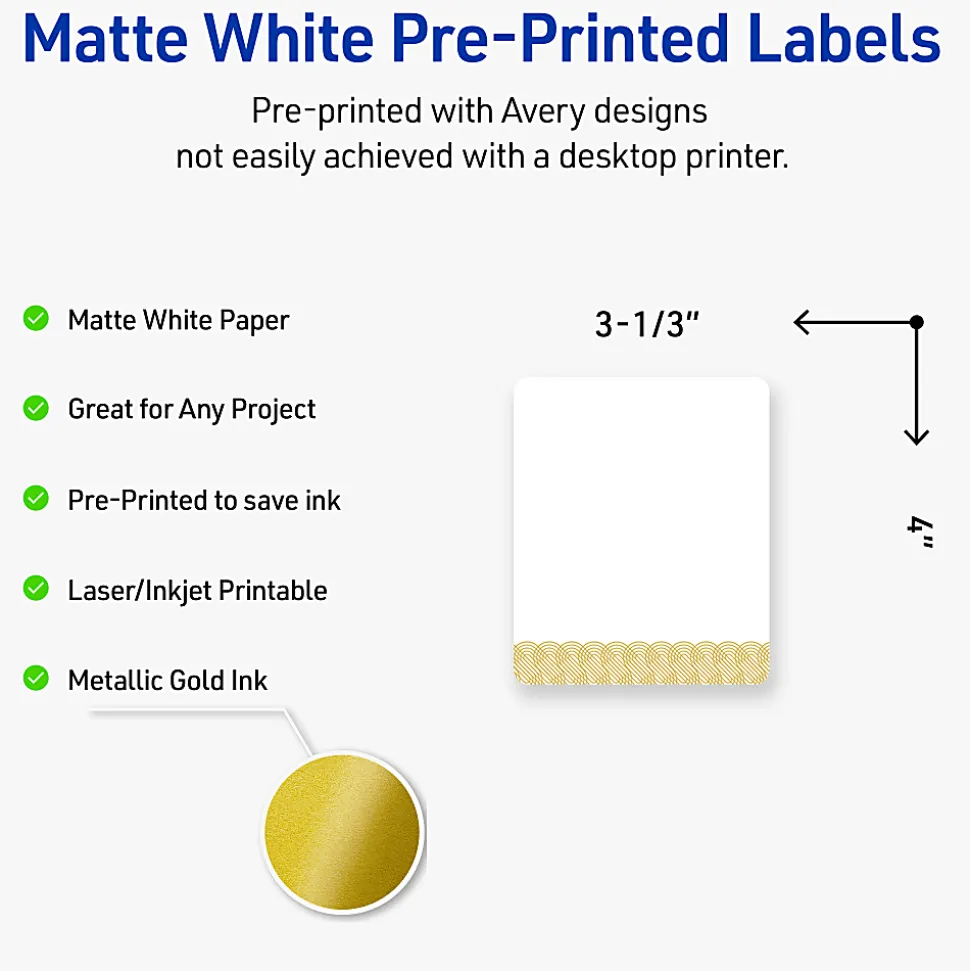 Avery® Printable Labels With Sure Feed® Technology, S00-EVT, Square, 2" x 2", Matte White With Preprinted Gold Leaf Pattern, Pack Of 120