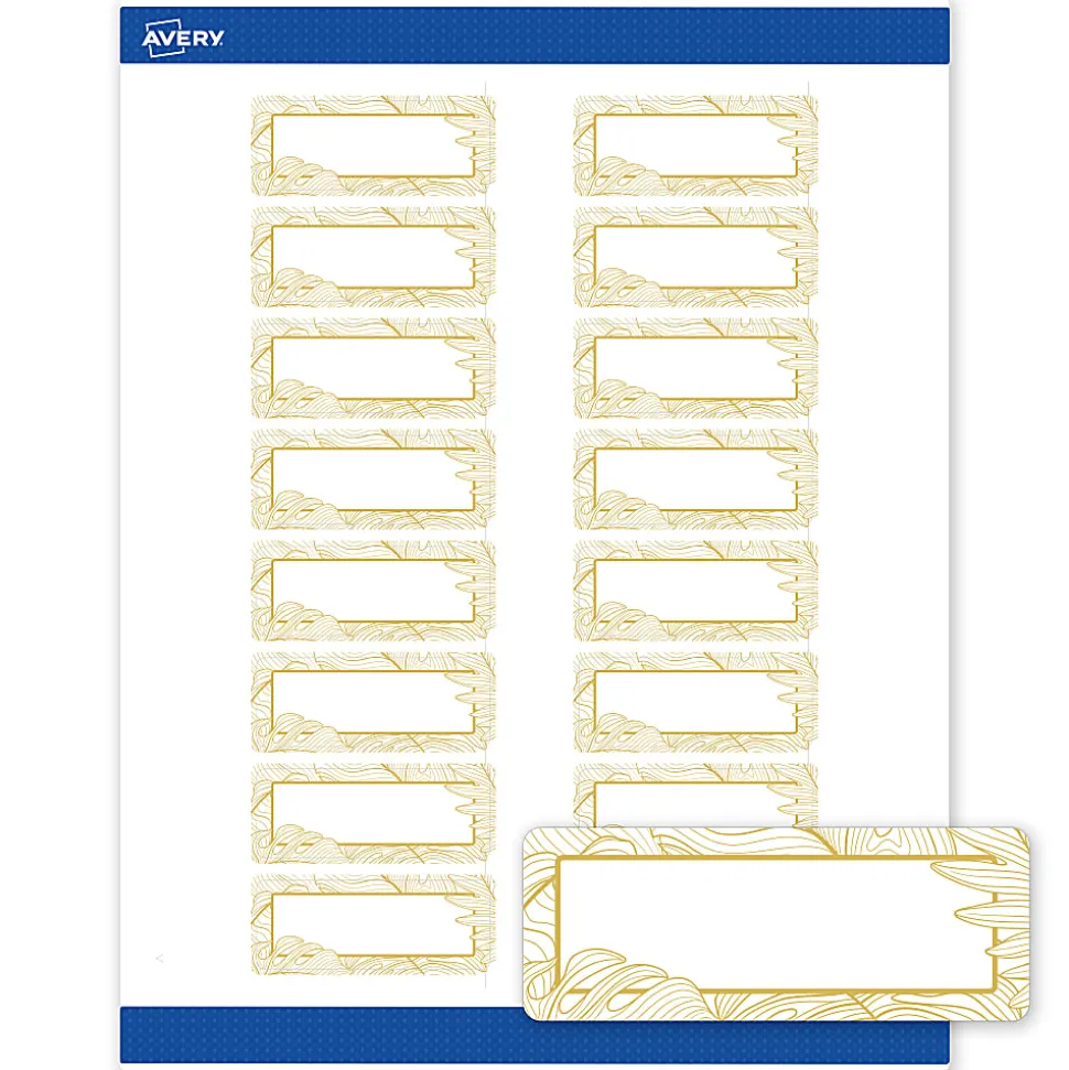 Avery® Printable Labels With Sure Feed® Technology, S00-EVV, Rectangle, 1" x 2-5/8", Matte White With Preprinted Gold Leaf Pattern, Pack Of 160