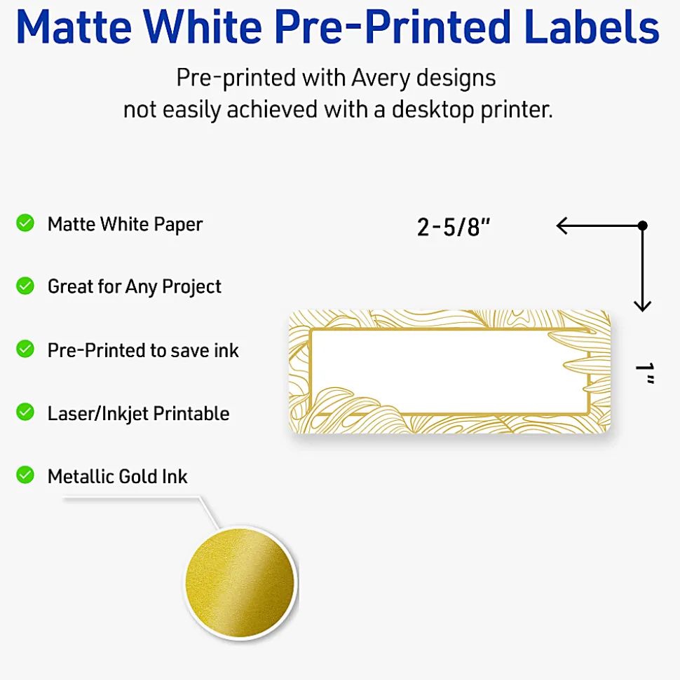 Avery® Printable Labels With Sure Feed® Technology, S00-EVV, Rectangle, 1" x 2-5/8", Matte White With Preprinted Gold Leaf Pattern, Pack Of 160