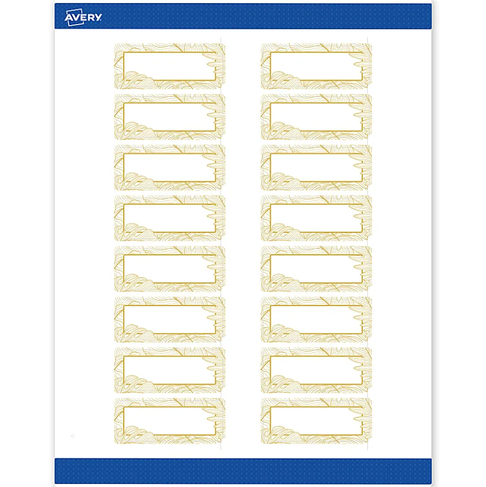 Avery® Printable Labels With Sure Feed® Technology, S00-EVV, Rectangle, 1" x 2-5/8", Matte White With Preprinted Gold Leaf Pattern, Pack Of 160
