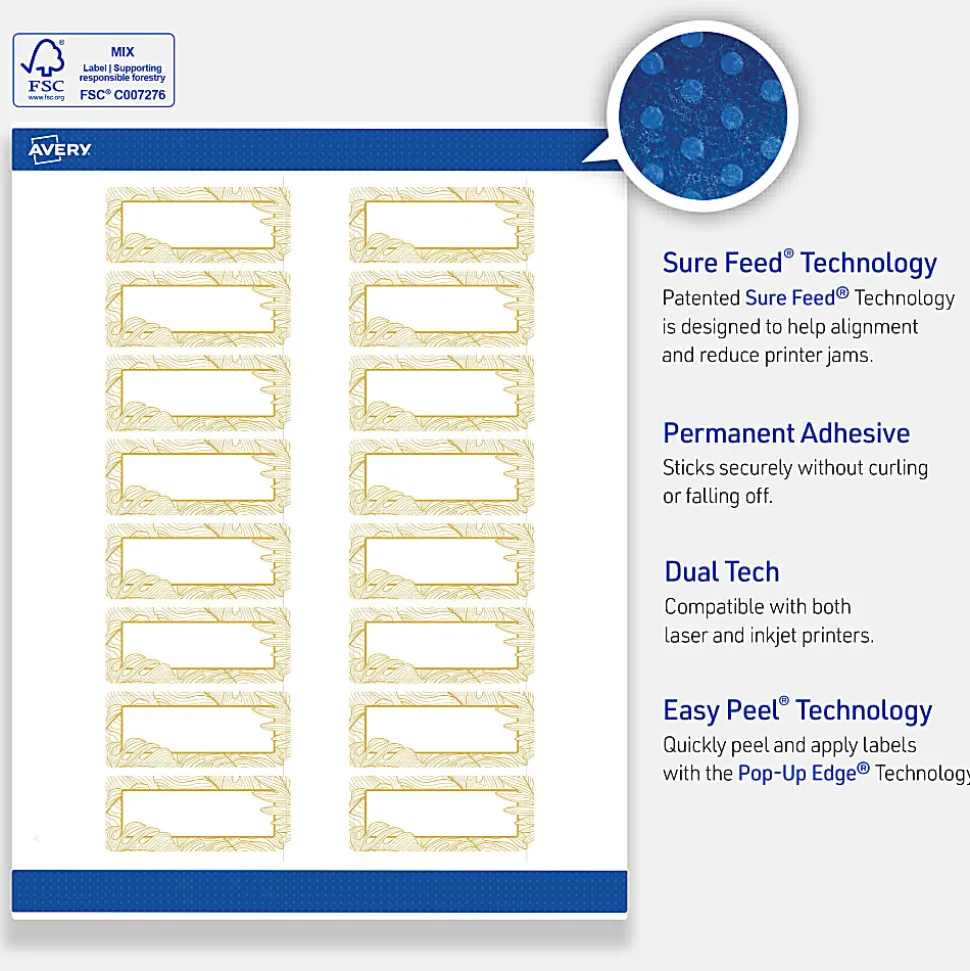 Avery® Printable Labels With Sure Feed® Technology, S00-EVV, Rectangle, 1" x 2-5/8", Matte White With Preprinted Gold Leaf Pattern, Pack Of 160