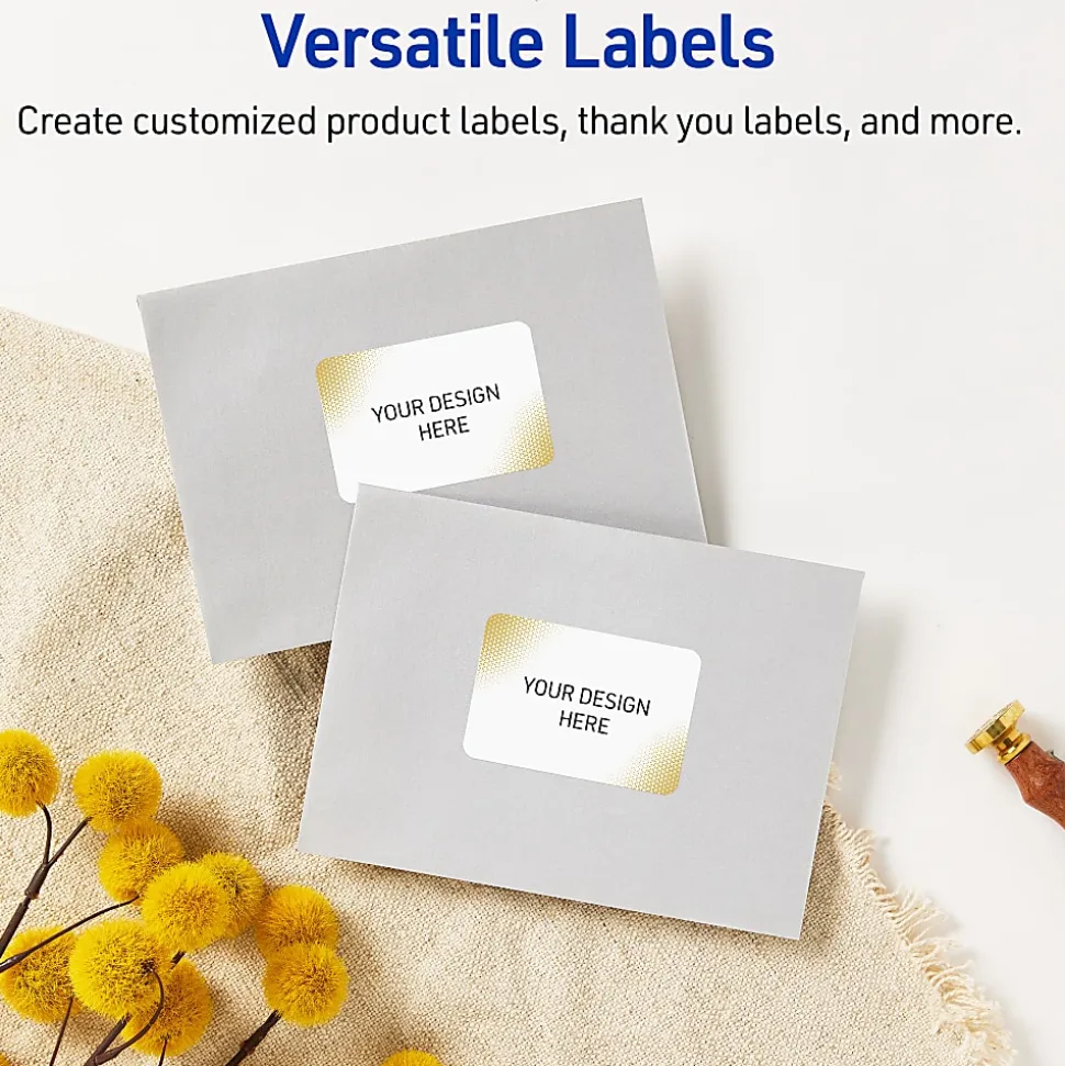 Avery® Printable Labels With Sure Feed® Technology, S00-EWC, Rectangle, 2" x 3", Glossy White With Preprinted Gold-Blush Pattern, Pack Of 80