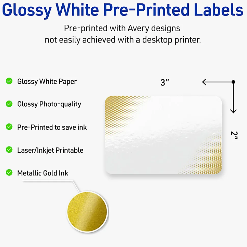 Avery® Printable Labels With Sure Feed® Technology, S00-EWC, Rectangle, 2" x 3", Glossy White With Preprinted Gold-Blush Pattern, Pack Of 80