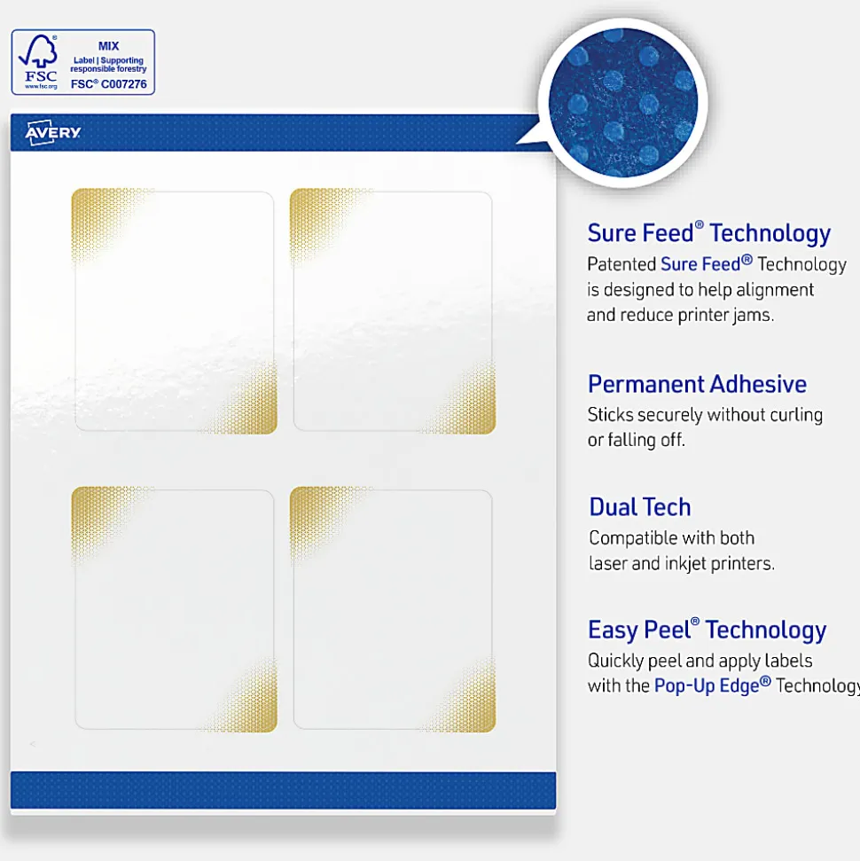 Avery® Printable Labels With Sure Feed® Technology, S00-EWD, Rectangle, 4" x 3-1/3", Glossy White With Preprinted Gold-Blush Pattern, Pack Of 40