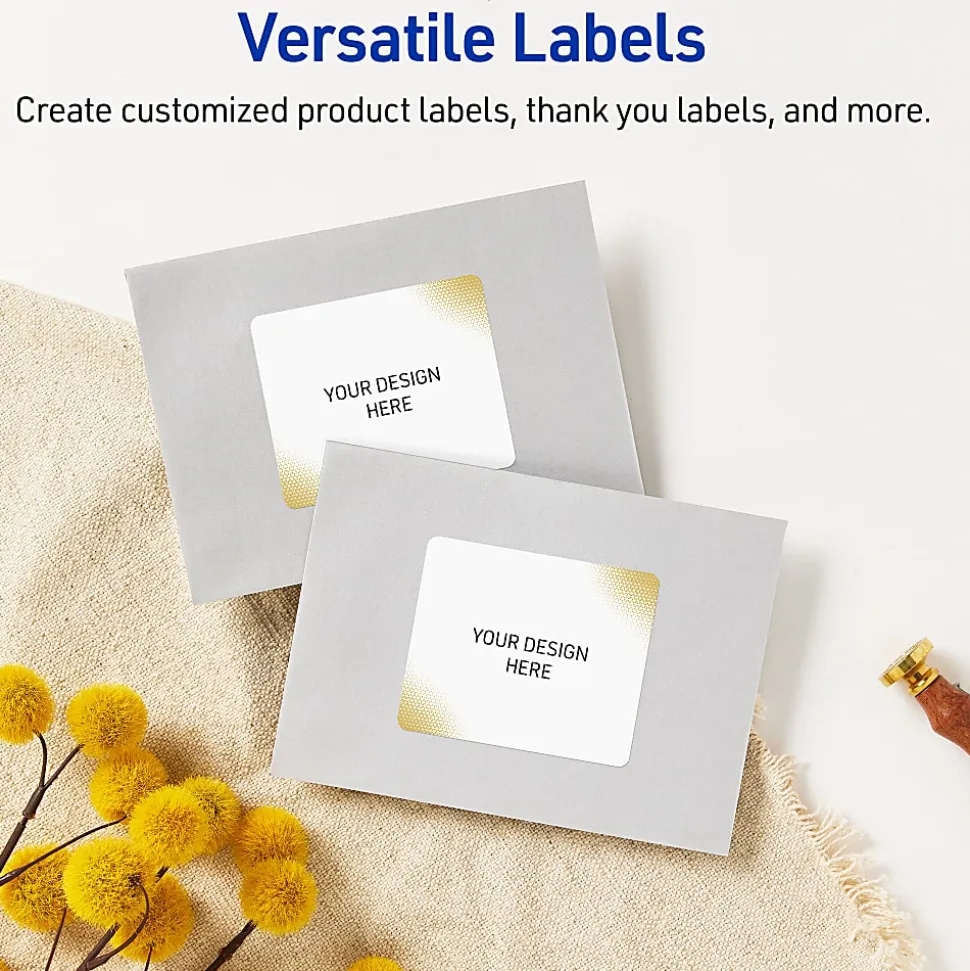 Avery® Printable Labels With Sure Feed® Technology, S00-EWD, Rectangle, 4" x 3-1/3", Glossy White With Preprinted Gold-Blush Pattern, Pack Of 40