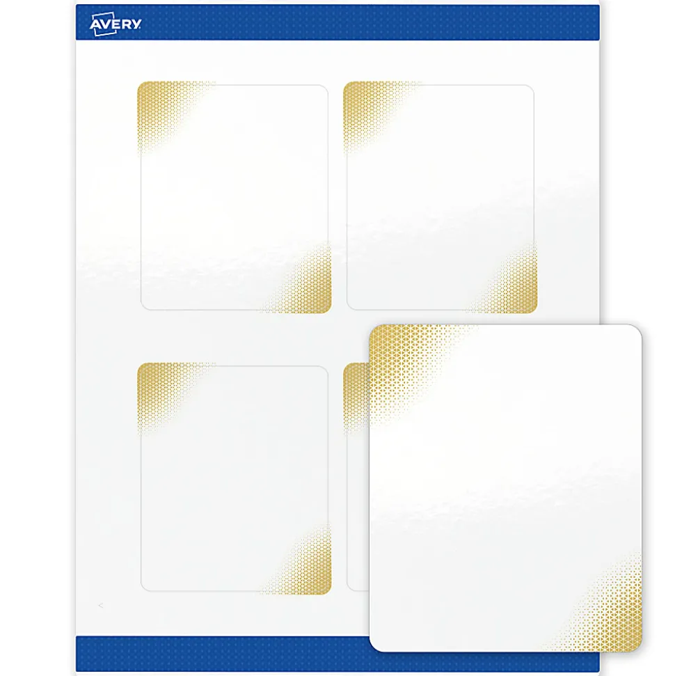 Avery® Printable Labels With Sure Feed® Technology, S00-EWD, Rectangle, 4" x 3-1/3", Glossy White With Preprinted Gold-Blush Pattern, Pack Of 40