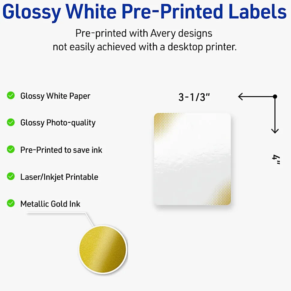 Avery® Printable Labels With Sure Feed® Technology, S00-EWD, Rectangle, 4" x 3-1/3", Glossy White With Preprinted Gold-Blush Pattern, Pack Of 40