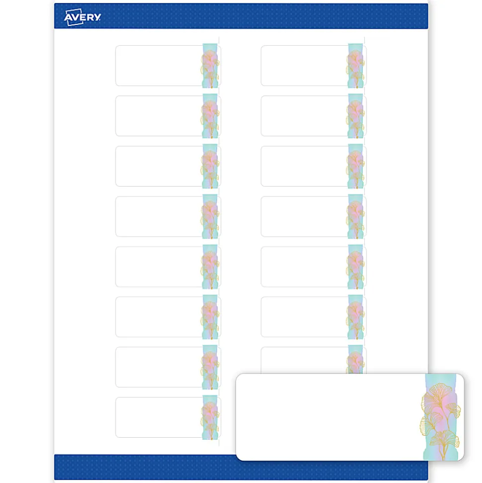 Avery® Printable Labels With Sure Feed® Technology, S00-EVC, 1" x 2-5/8", Matte White With Preprinted Watercolor/Gold Leaf Design, Pack Of 160