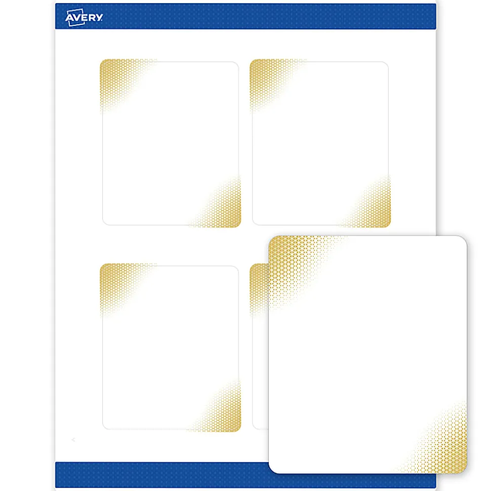 Avery® Printable Labels With Sure Feed® Technology, S00-EWD, Rectangle, 4" x 3-1/3", Matte White With Preprinted Gold-Blush Pattern, Pack Of 40