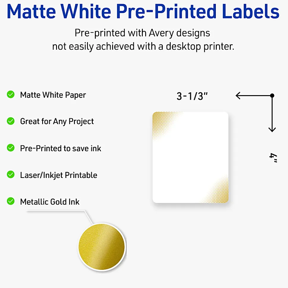 Avery® Printable Labels With Sure Feed® Technology, S00-EWD, Rectangle, 4" x 3-1/3", Matte White With Preprinted Gold-Blush Pattern, Pack Of 40