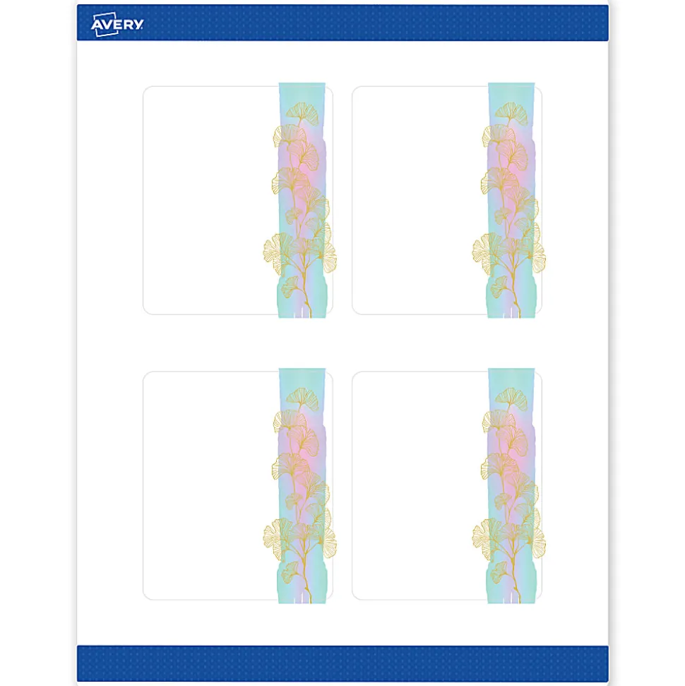 Avery® Printable Labels With Sure Feed® Technology, S00-EVD, 4" x 3-1/3", Matte White With Preprinted Watercolor/Gold Leaf Design, Pack Of 40