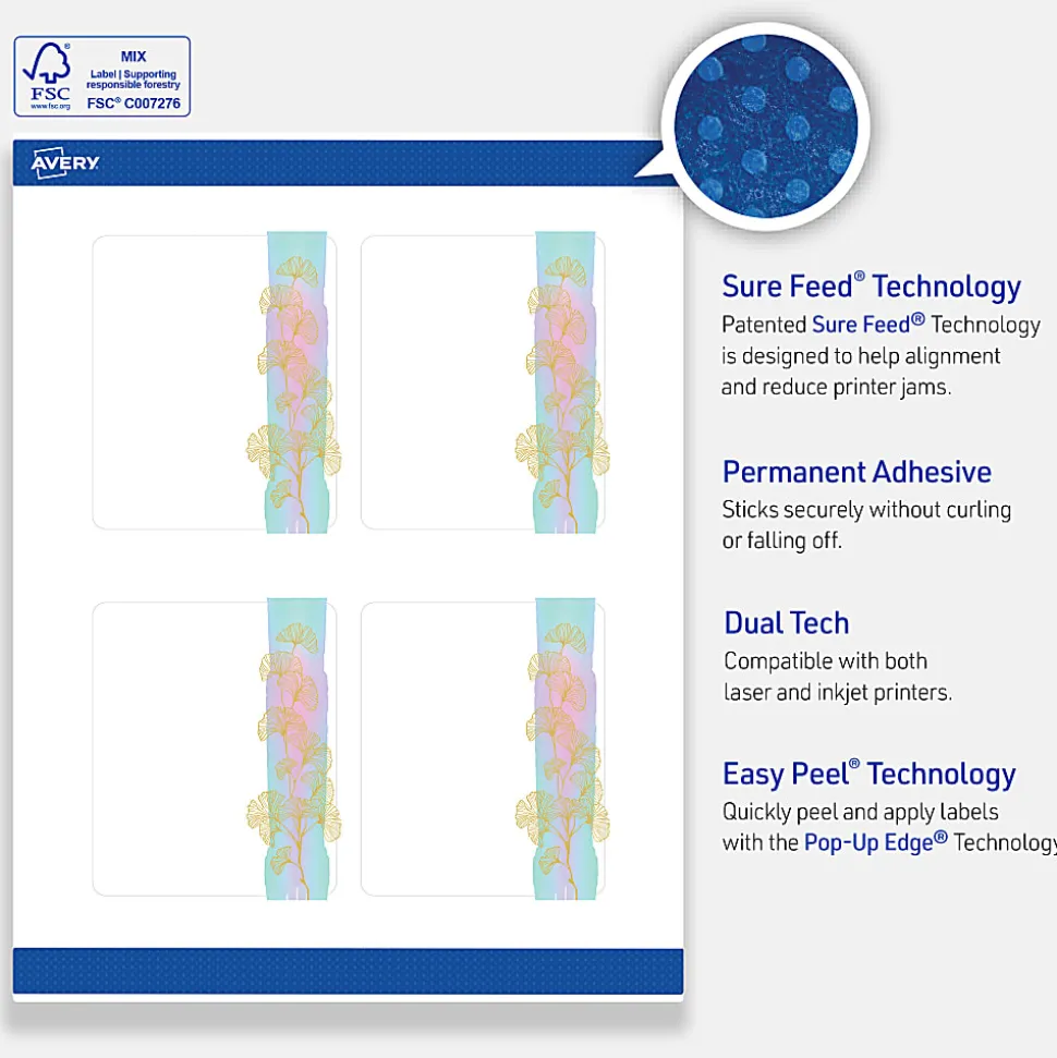 Avery® Printable Labels With Sure Feed® Technology, S00-EVD, 4" x 3-1/3", Matte White With Preprinted Watercolor/Gold Leaf Design, Pack Of 40
