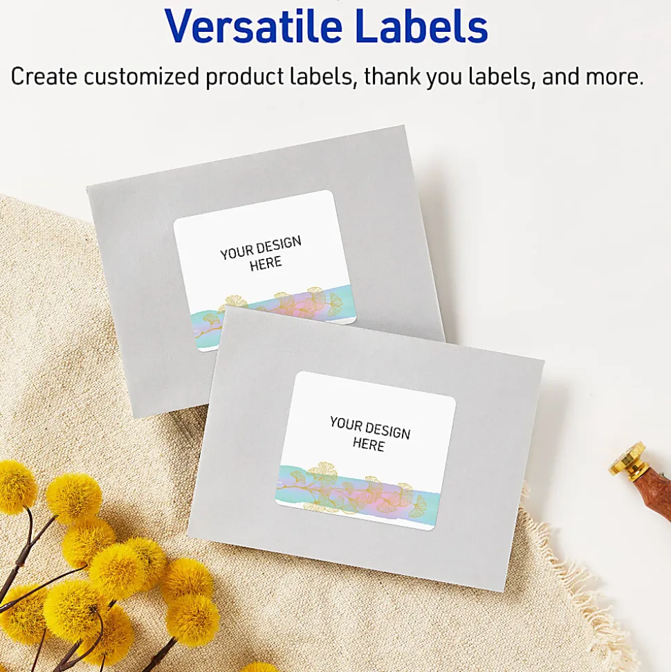Avery® Printable Labels With Sure Feed® Technology, S00-EVD, 4" x 3-1/3", Matte White With Preprinted Watercolor/Gold Leaf Design, Pack Of 40