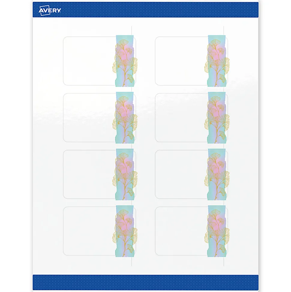 Avery® Printable Labels With Sure Feed® Technology, S00-EVE, Rectangle, 2" x 3", Glossy White With Preprinted Watercolor/Gold Leaf Design, Pack Of 80