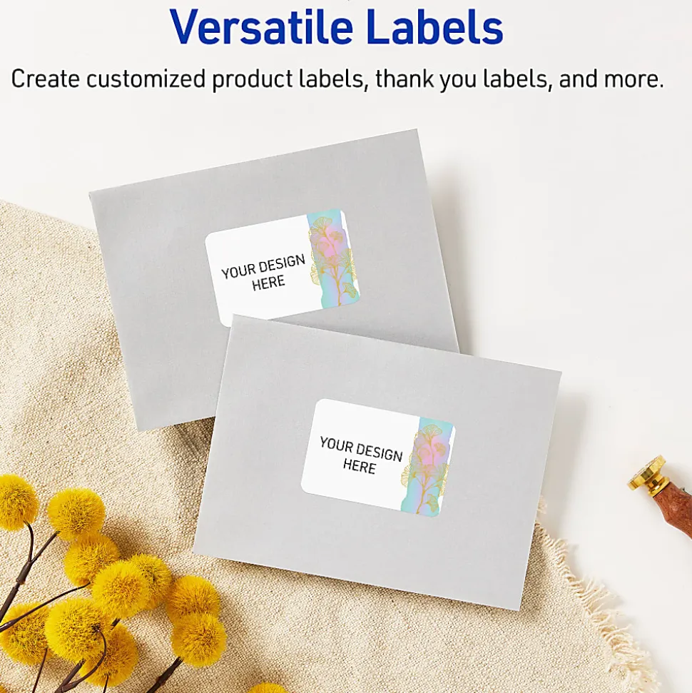 Avery® Printable Labels With Sure Feed® Technology, S00-EVE, Rectangle, 2" x 3", Glossy White With Preprinted Watercolor/Gold Leaf Design, Pack Of 80