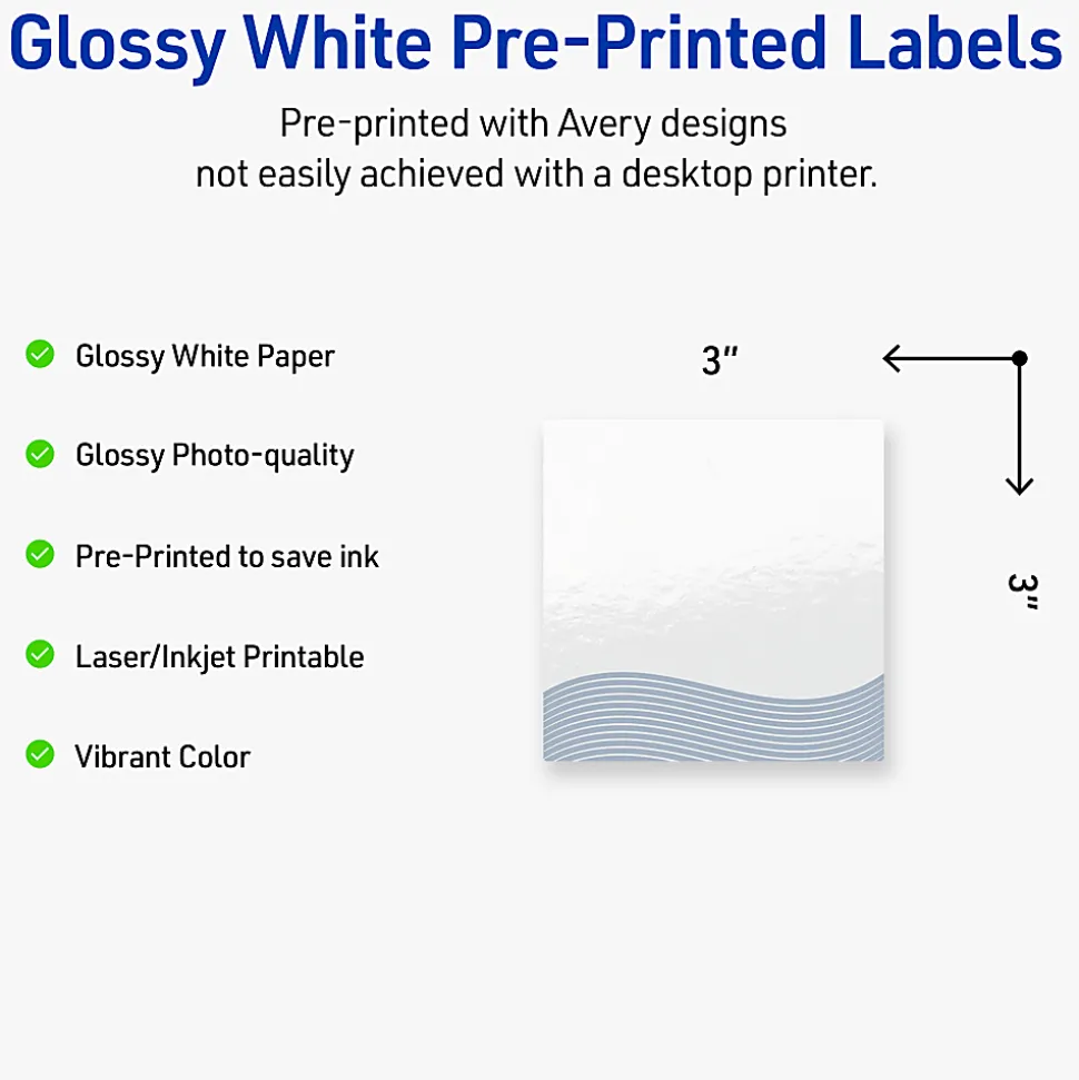 Avery® Printable Labels With Sure Feed® Technology, S00-EV8, Square, 3" x 3", Glossy White With Preprinted Blue Waves Design, Pack Of 60