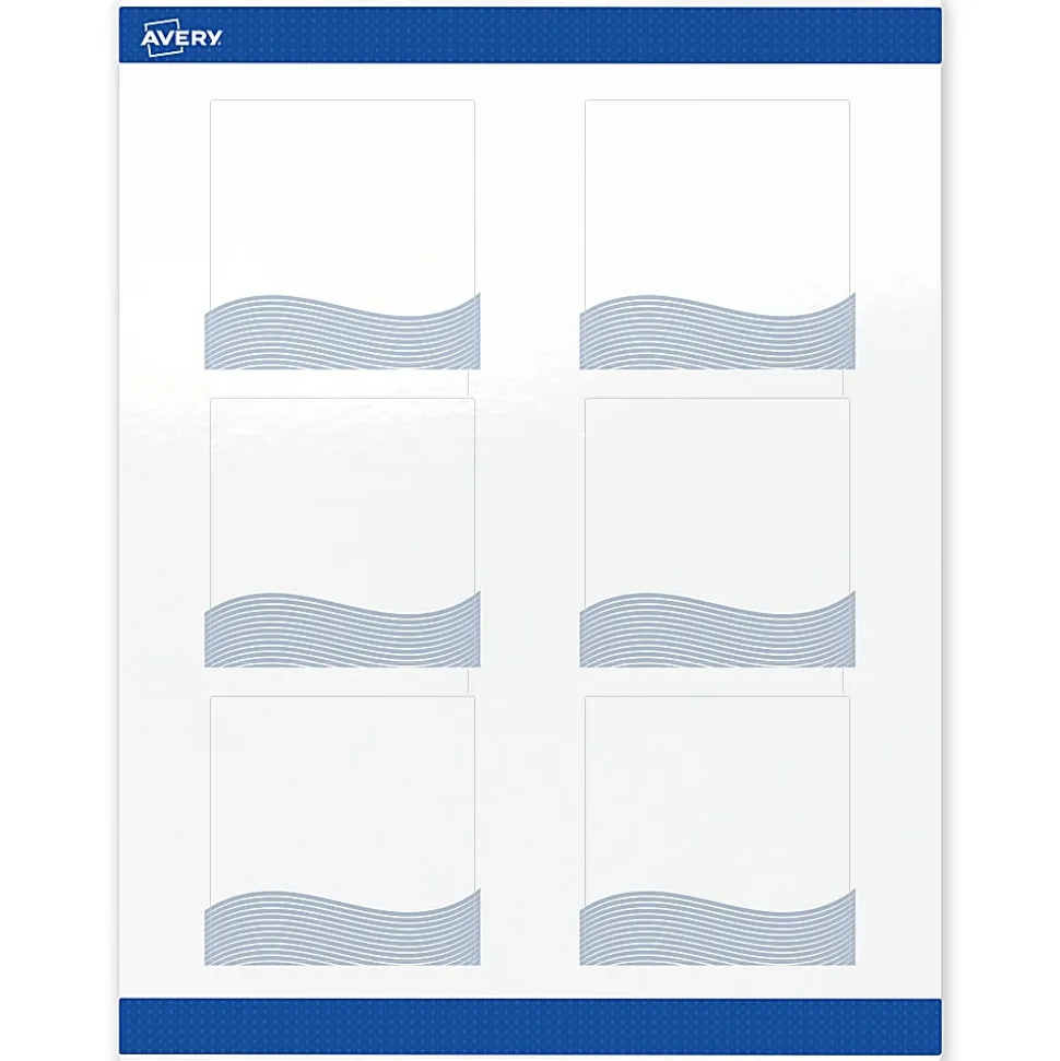 Avery® Printable Labels With Sure Feed® Technology, S00-EV8, Square, 3" x 3", Glossy White With Preprinted Blue Waves Design, Pack Of 60