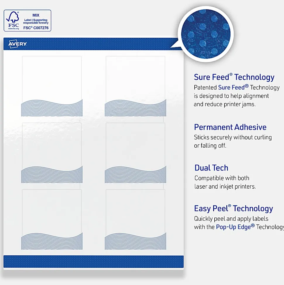 Avery® Printable Labels With Sure Feed® Technology, S00-EV8, Square, 3" x 3", Glossy White With Preprinted Blue Waves Design, Pack Of 60