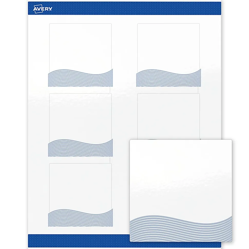 Avery® Printable Labels With Sure Feed® Technology, S00-EV8, Square, 3" x 3", Glossy White With Preprinted Blue Waves Design, Pack Of 60