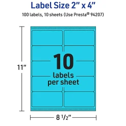 Avery® Printable Labels With Sure Feed® Technology, 94207-BBP10, Rectangle, 2" x 4", Matte Bright Blue, Pack of 100