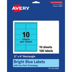Avery® Printable Labels With Sure Feed® Technology, 94207-BBP10, Rectangle, 2