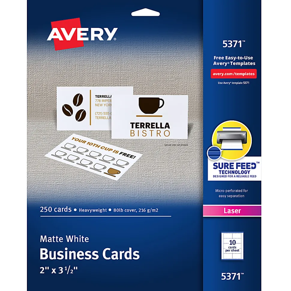 Avery® Printable Microperforated Business Cards With Sure Feed® Technology For Laser Printers, 2" x 3-1/2", White, Pack Of 250 Blank Cards