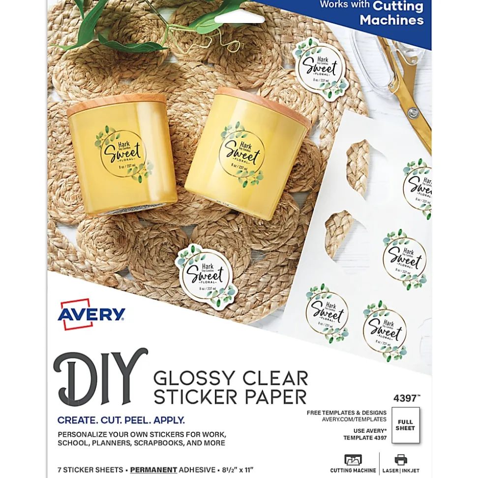 Avery® Printable Sticker Paper For Laser & Inkjet Printers, 8.5" x 11", Glossy Clear, 7 Craft Paper Sheets