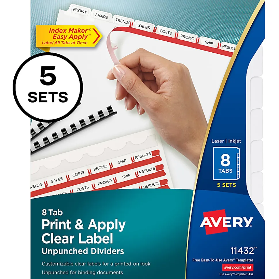 Avery® Print & Apply Clear Label Dividers With Index Maker® Easy Apply™ Printable Label Strip And White Tabs, 8-Tab, Box Of 5 Sets
