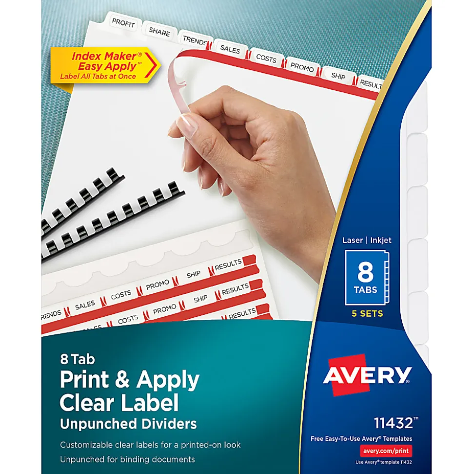 Avery® Print & Apply Clear Label Dividers With Index Maker® Easy Apply™ Printable Label Strip And White Tabs, 8-Tab, Box Of 5 Sets