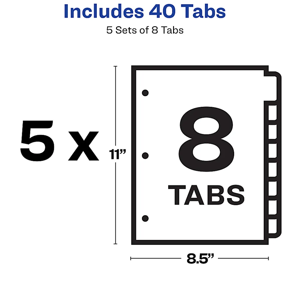 Avery® Print & Apply Clear Label Dividers With Index Maker® Easy Apply™ Printable Label Strip for Copiers, 8-1/2" x 11", 8-Tab, White, Pack of 5 Sets