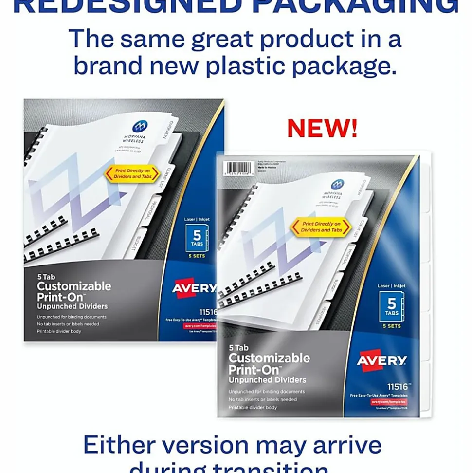Avery® Print-On™ Dividers, 8 1/2" x 11", Unpunched, 5-Tab, White Dividers/White Tabs, Pack Of 5 Sets