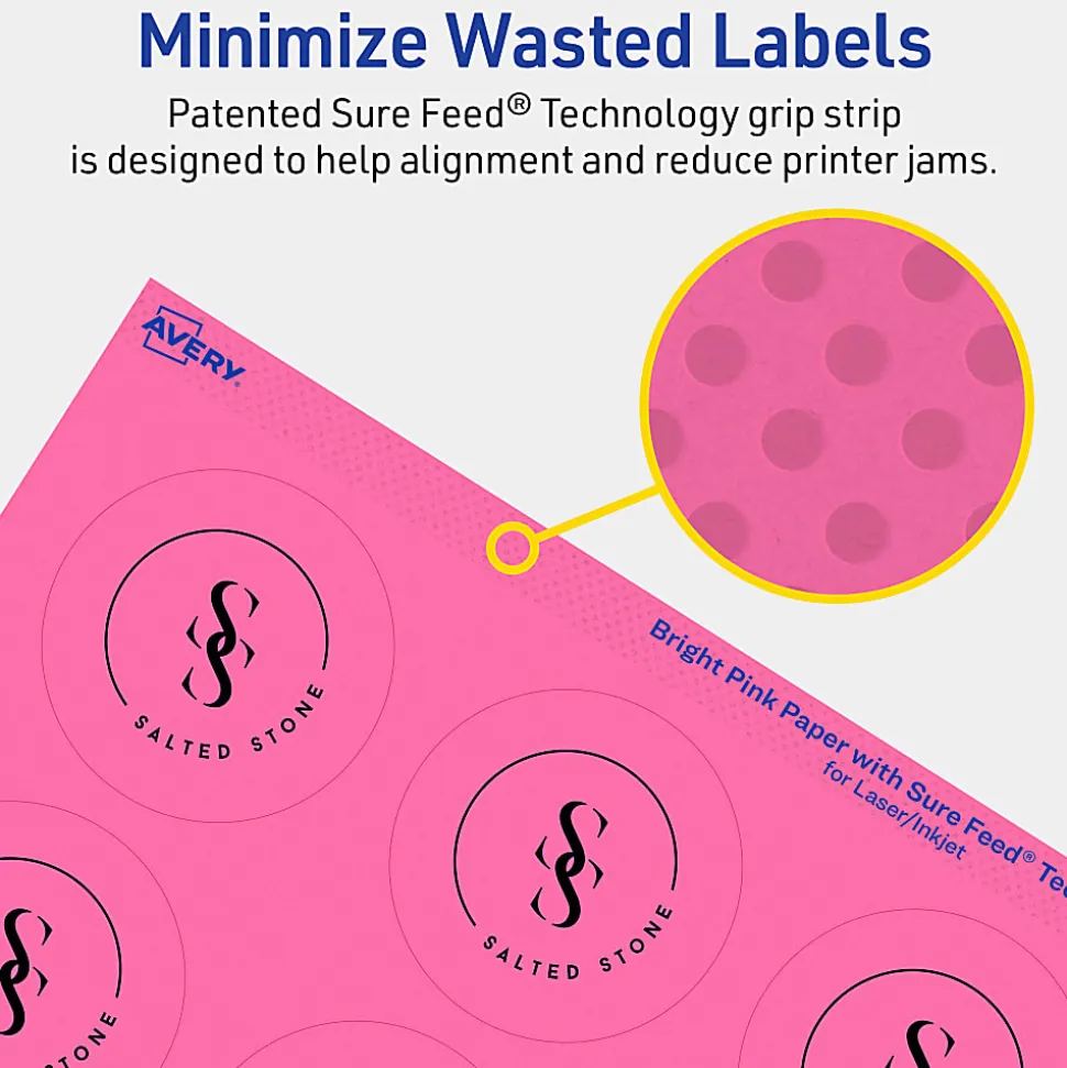 Avery® Print-To-The-Edge Labels With Sure Feed® Technology And Easy Peel® Label Feature, 94510-BPP40, Round, 2-1/4", Matte Bright Pink, Pack of 480