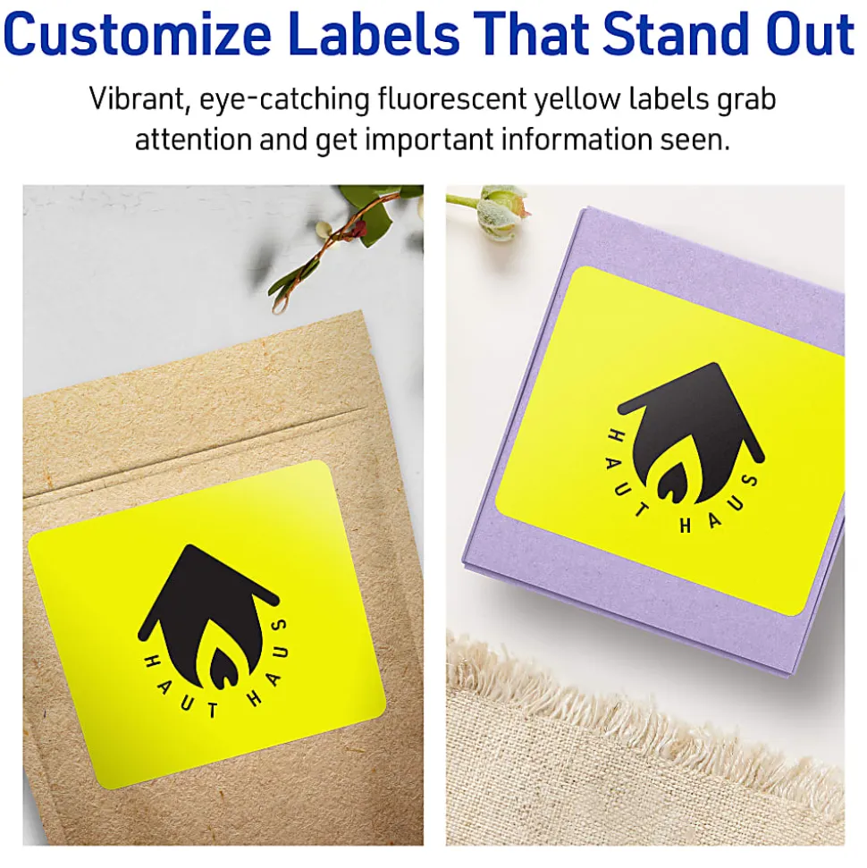 Avery® Print-To-The-Edge Labels With Sure Feed® Technology, 94252-NYP80, Rectangle, 4" x 3", Matte Neon Yellow, Pack of 320