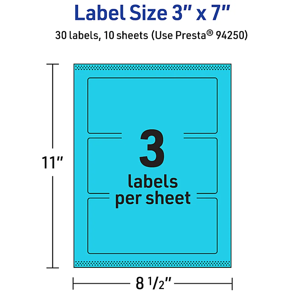 Avery® Print-To-The-Edge Labels With Sure Feed® Technology, 94250-BBP10, Rectangle, 3" x 7", Matte Bright Blue, Pack of 30