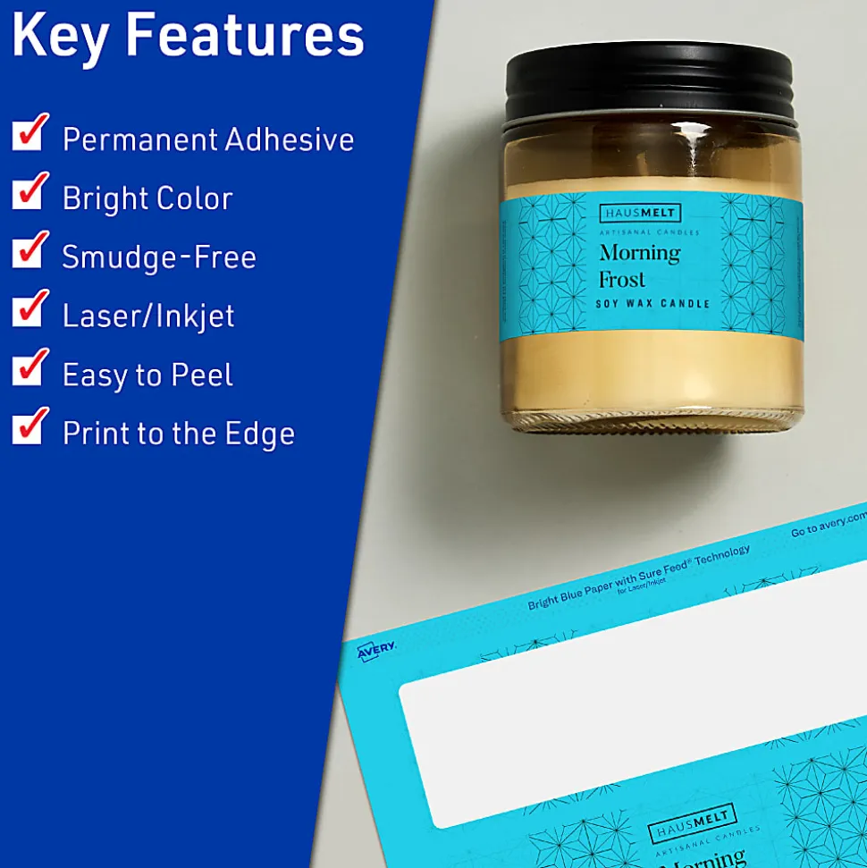 Avery® Print-To-The-Edge Labels With Sure Feed® Technology, 94250-BBP10, Rectangle, 3" x 7", Matte Bright Blue, Pack of 30