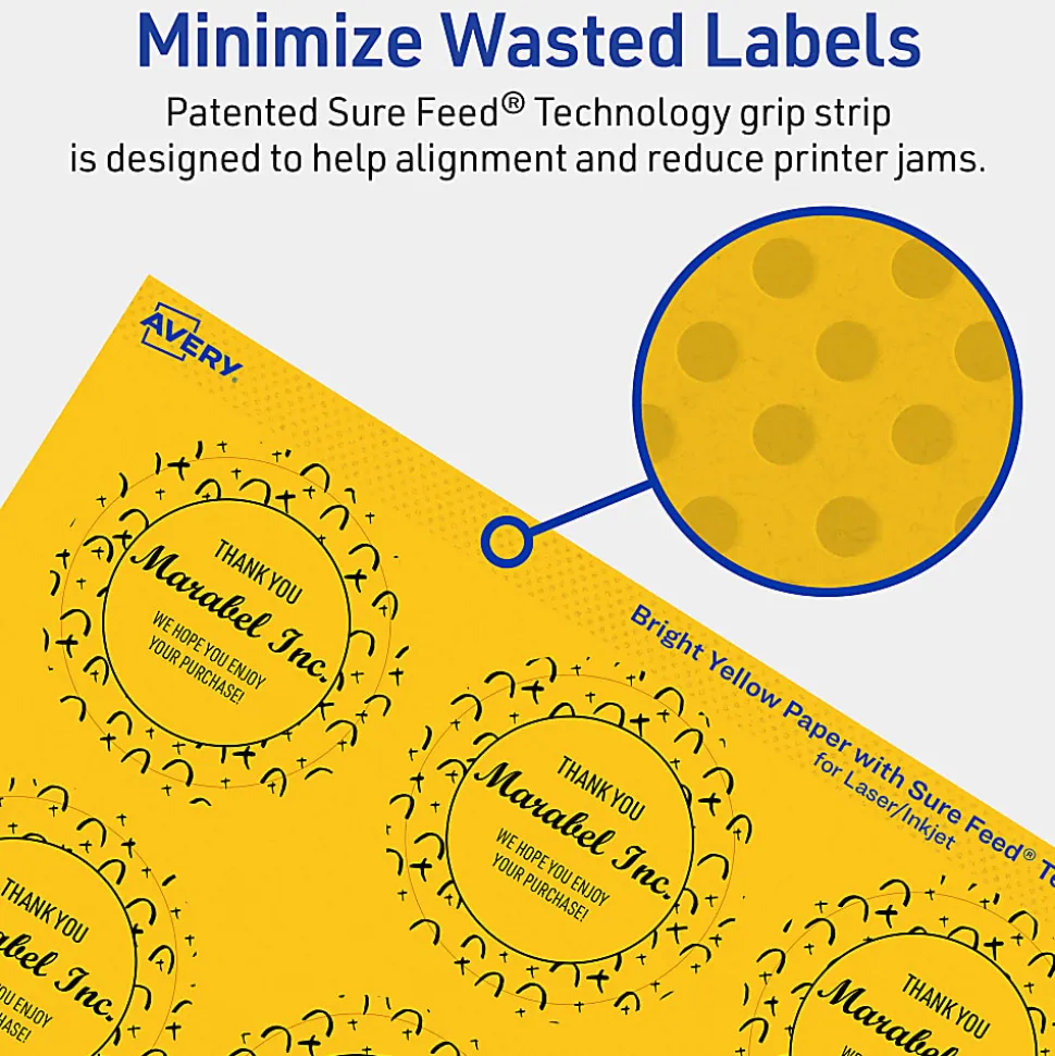 Avery® Print-To-The-Edge Labels With Sure Feed® Technology And Easy Peel® Label Feature, 94501-BYP40, Round, 2", Matte Bright Yellow, Pack of 480