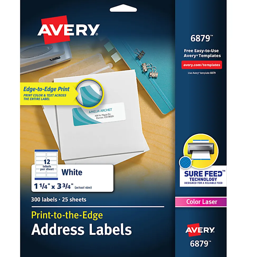 Avery® Print-To-The-Edge Permanent Laser Shipping Labels, 6879, 1 1/4" x 3 3/4", White, Pack Of 300