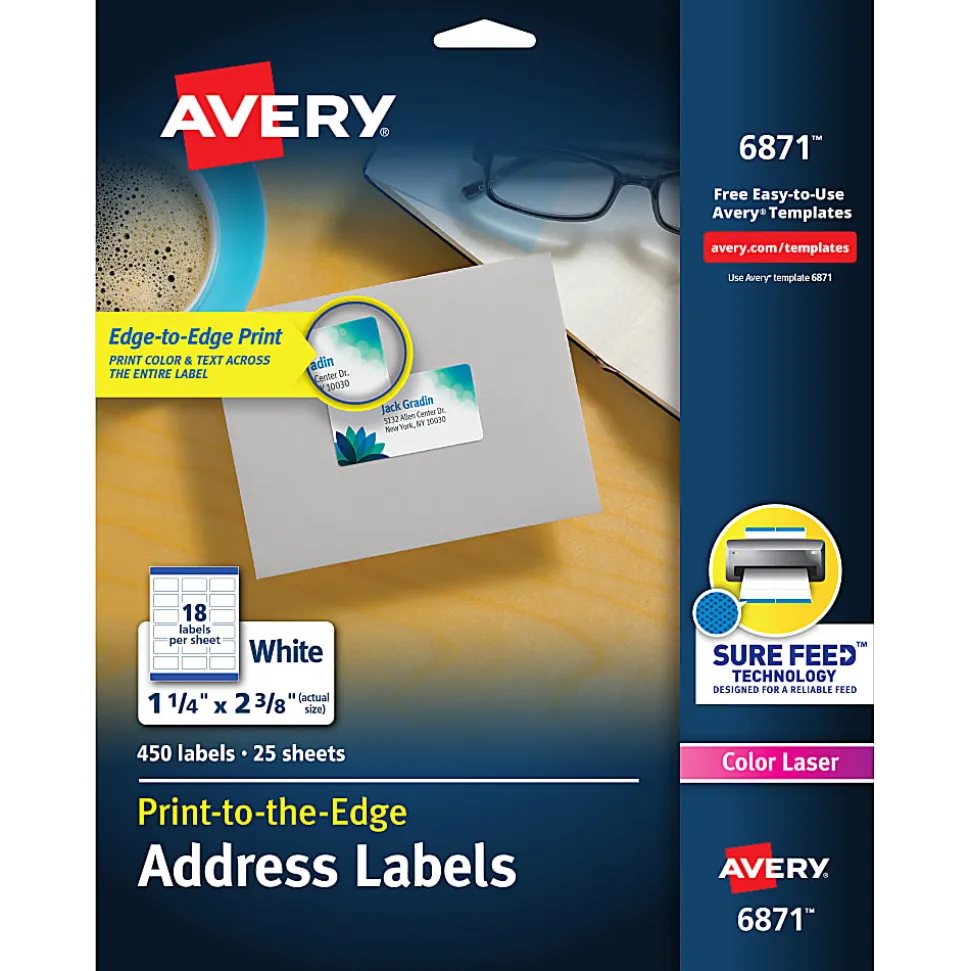 Avery® Print-To-The-Edge Permanent Address Laser Labels, 6871, 1 1/4" x 2 3/8", White, Pack Of 450