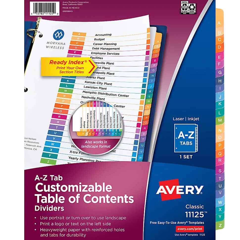 Avery® Ready Index® A-Z Tab With Customizable Table of Contents Binder Dividers, 8-1/2" x 11", 26 Tab, Multicolor, 1 Set