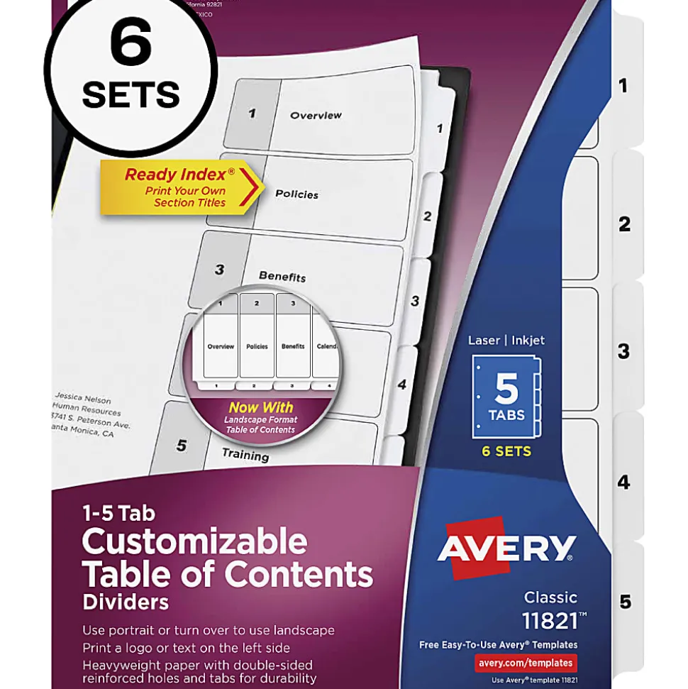 Avery Ready Index Classification Folder Binder Dividers, 8-1/2" x 11, White, 5 Dividers Per Set, Pack Of 6 Sets