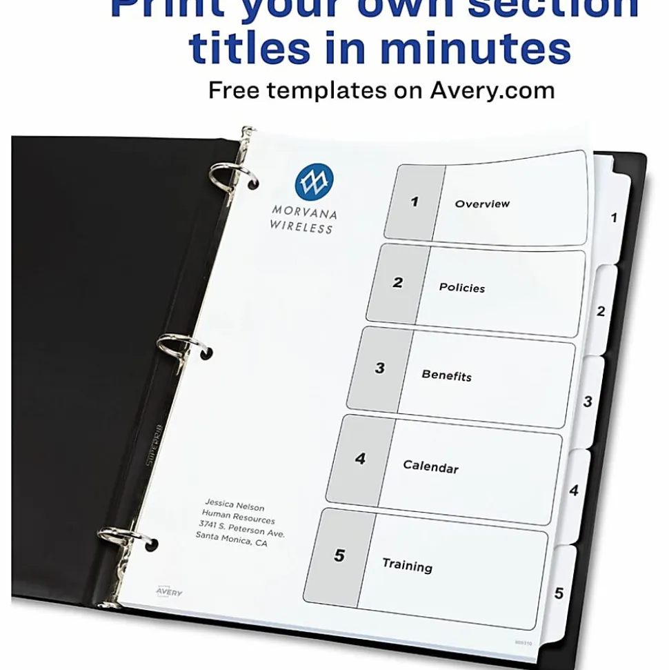 Avery Ready Index Classification Folder Binder Dividers, 8-1/2" x 11, White, 5 Dividers Per Set, Pack Of 6 Sets