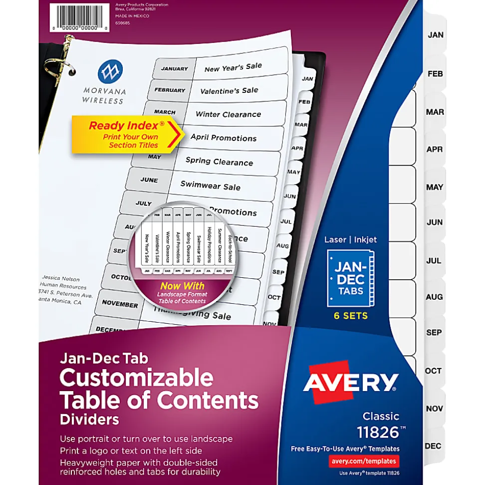 Avery® Ready Index® Dividers, Jan-Dec Tab & Customizable Table of Contents, 8-1/2" x 11", Multicolor, 12 Dividers Per Pack, Set Of 6 Packs