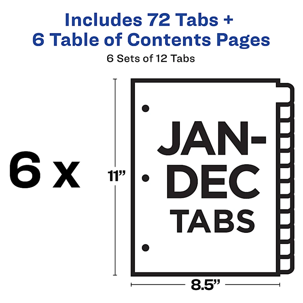 Avery® Ready Index® Dividers, Jan-Dec Tab & Customizable Table of Contents, 8-1/2" x 11", Multicolor, 12 Dividers Per Pack, Set Of 6 Packs