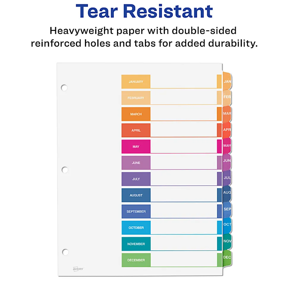 Avery® Ready Index® Dividers, Jan-Dec Tab & Customizable Table of Contents, 8-1/2" x 11", Multicolor, 12 Dividers Per Pack, Set Of 6 Packs